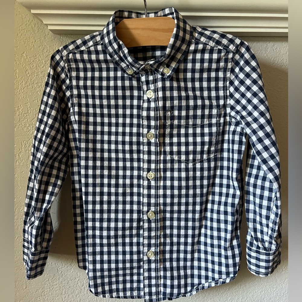 GAP Little Boy’s Button Down Blue White Plaid Size 5 Long Sleeve Shirt Preppy